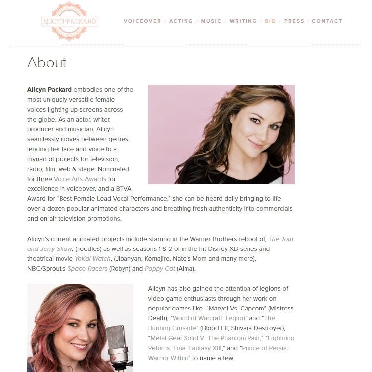 Example of web page design for alicynpackard.com